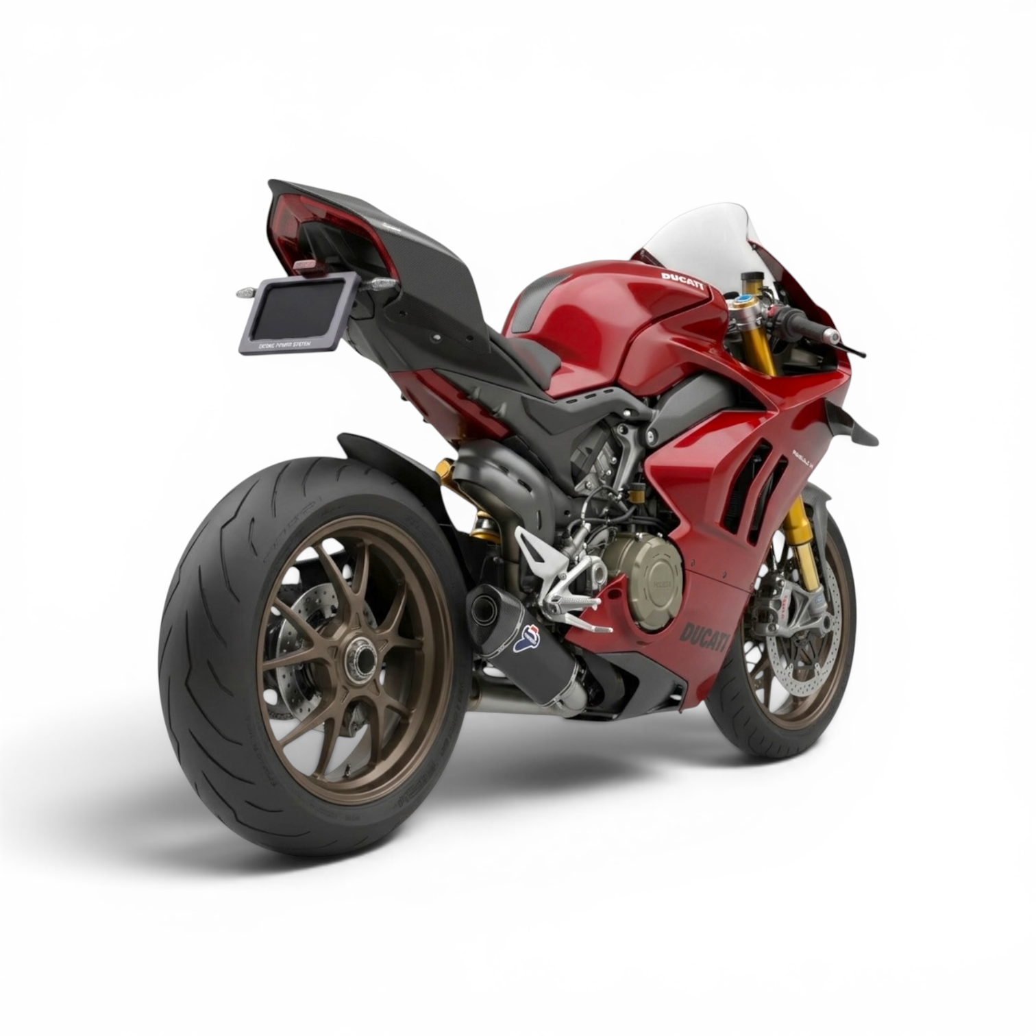 Stealth license plate cover for motorcycles with concealed plate frame installed on Ducati rear tail